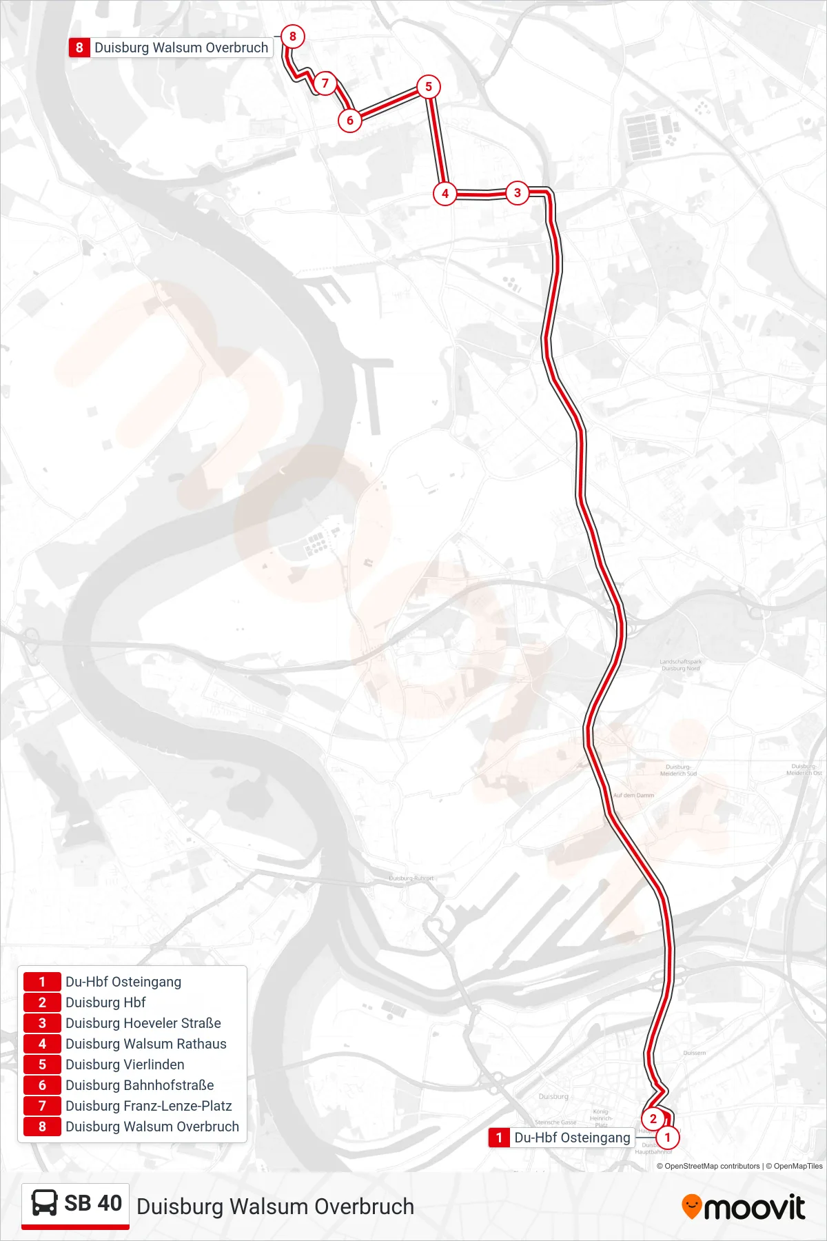 SB 40 bus Line (Duisburg Walsum Overbruch) route and stops on a map