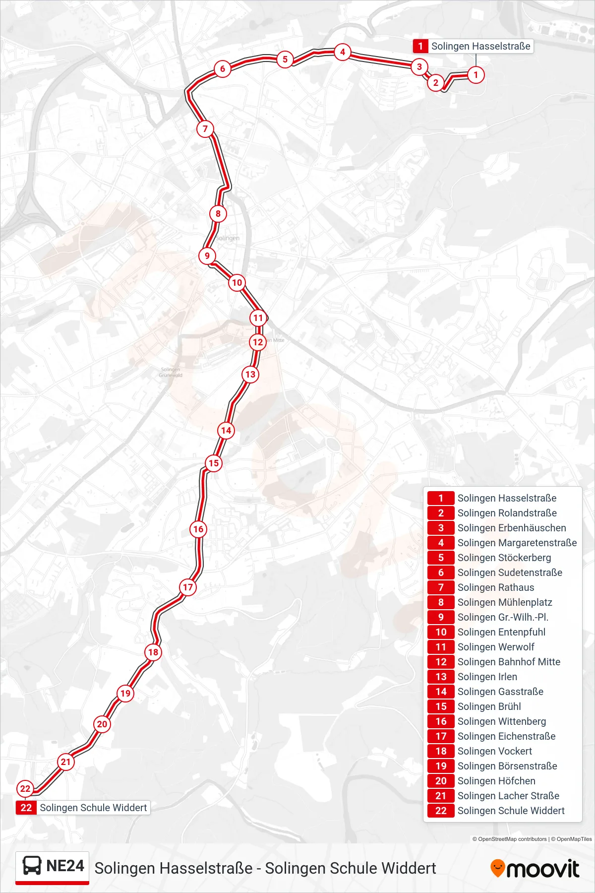 Linie NE24 (Bus) Richtung Solingen Schule Widdert: Route und Haltestellen auf der Karte