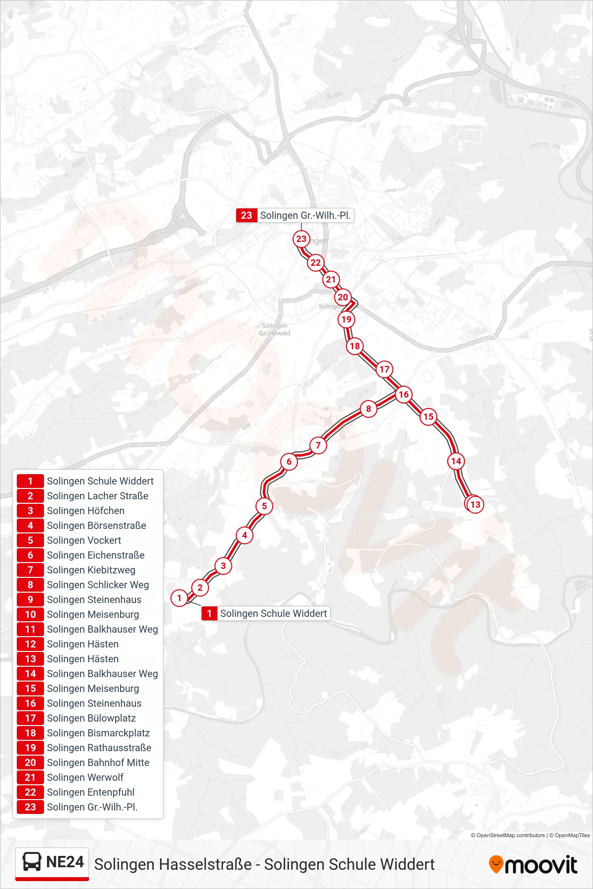 NE24 bus Line (Solingen Gr.-Wilh.-Pl.) route and stops on a map
