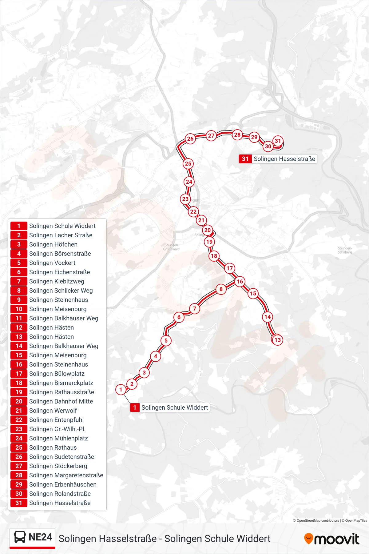 NE24 bus Line (Solingen Hasselstraße) route and stops on a map