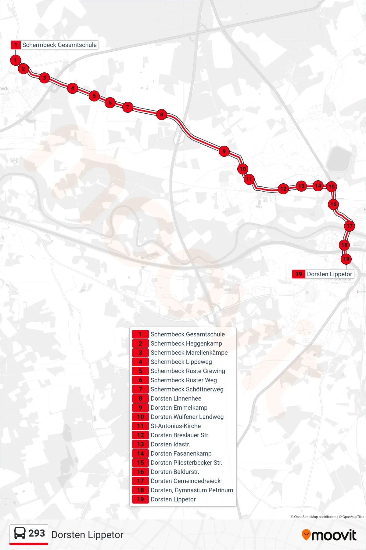 293 bus Line (Dorsten Lippetor) route and stops on a map