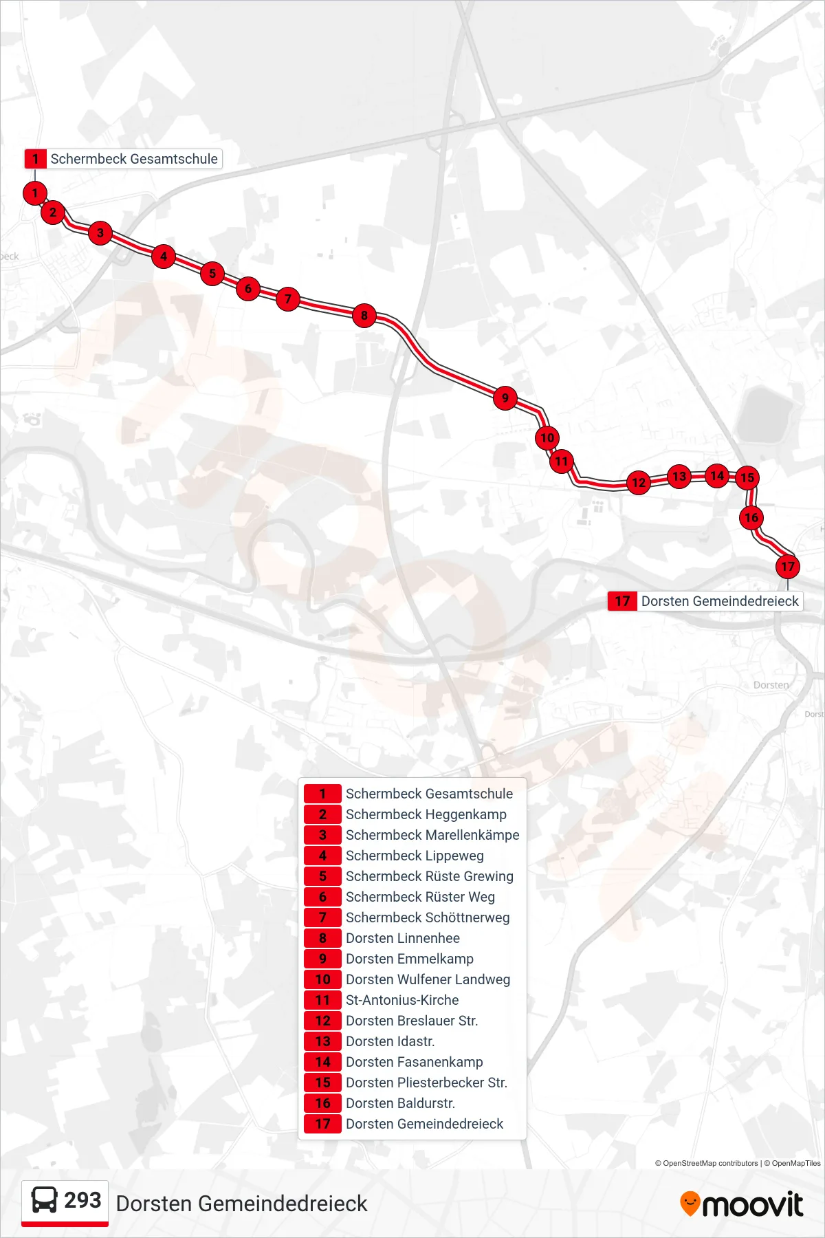 Linie 293 (Bus) Richtung Dorsten Gemeindedreieck: Route und Haltestellen auf der Karte