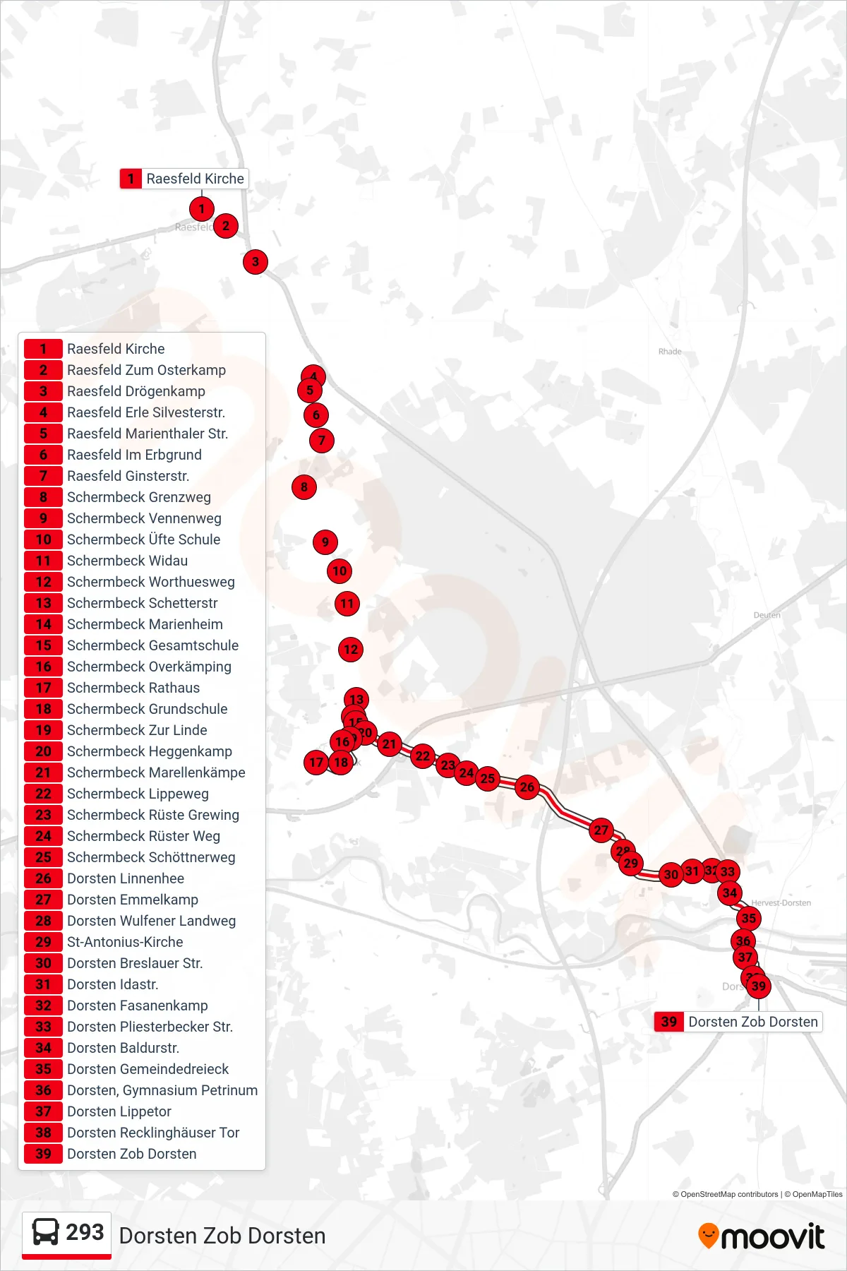 Linie 293 (Bus) Richtung Dorsten Zob Dorsten: Route und Haltestellen auf der Karte