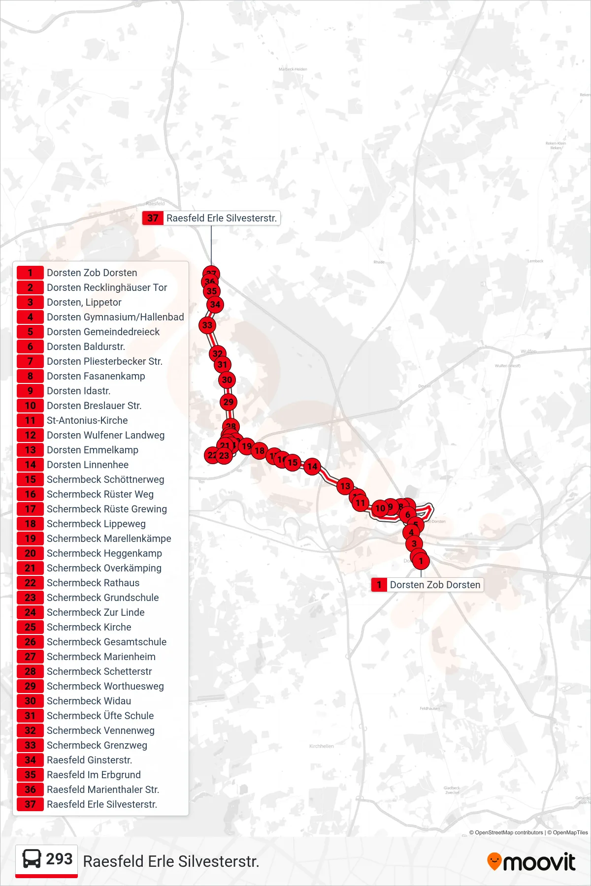 Linie 293 (Bus) Richtung Raesfeld Erle Silvesterstr.: Route und Haltestellen auf der Karte