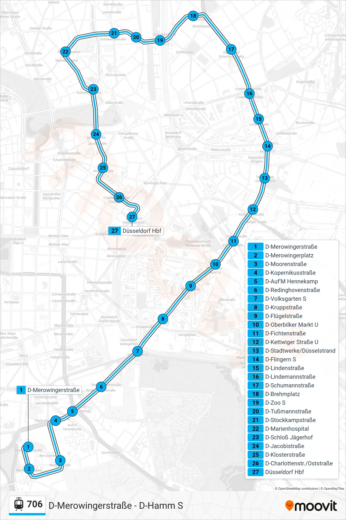 Linie 706 (Straßenbahn) Richtung Düsseldorf Hbf: Route und Haltestellen auf der Karte