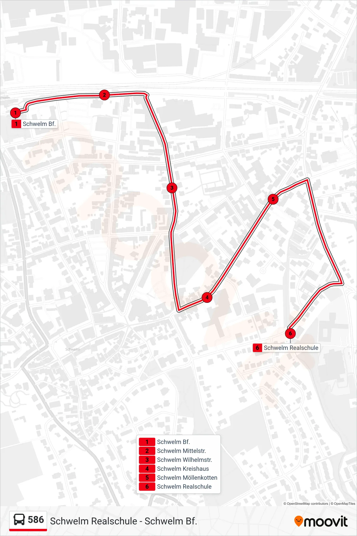 586 bus Line (Schwelm Realschule) route and stops on a map