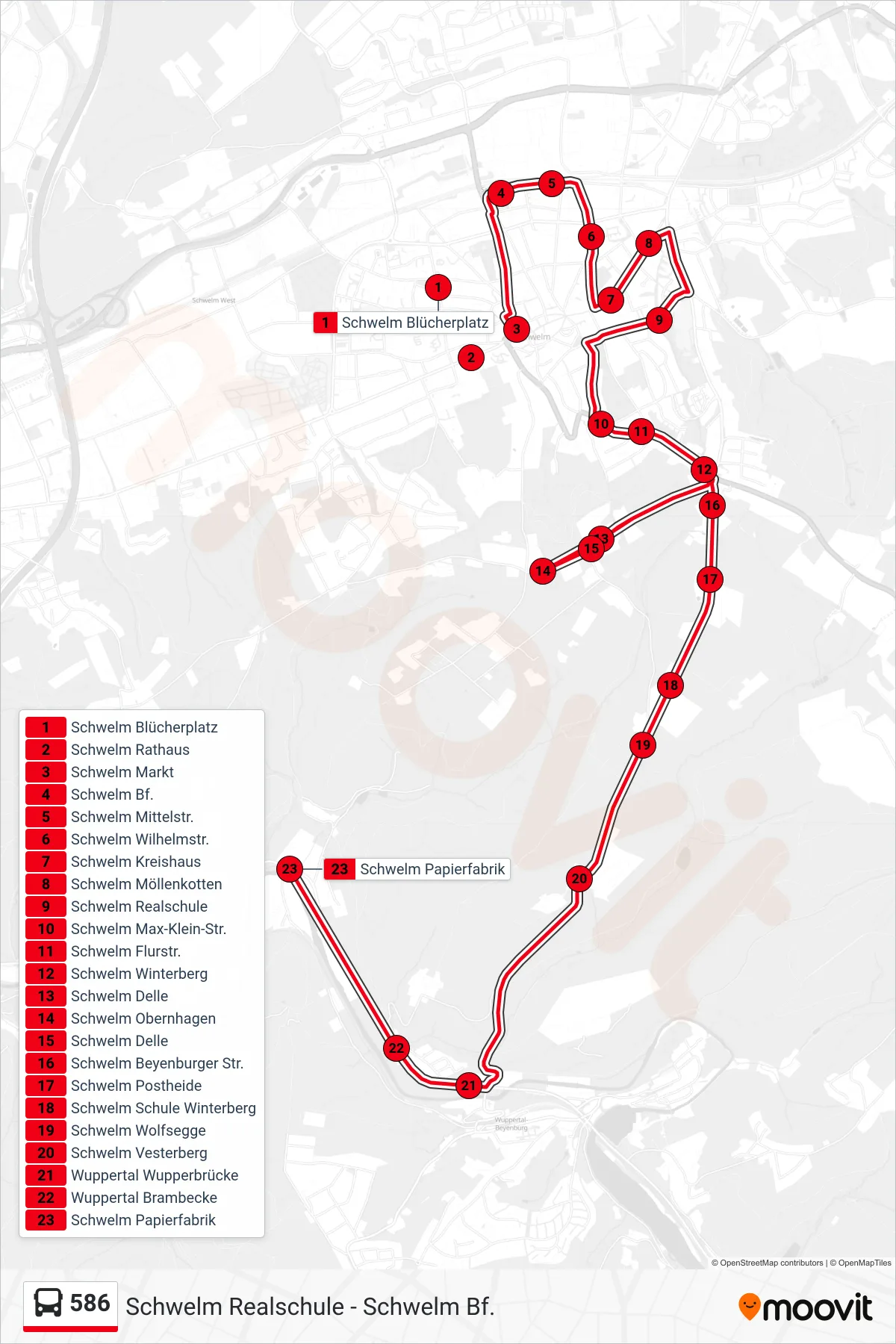586 bus Line (Schwelm Papierfabrik) route and stops on a map