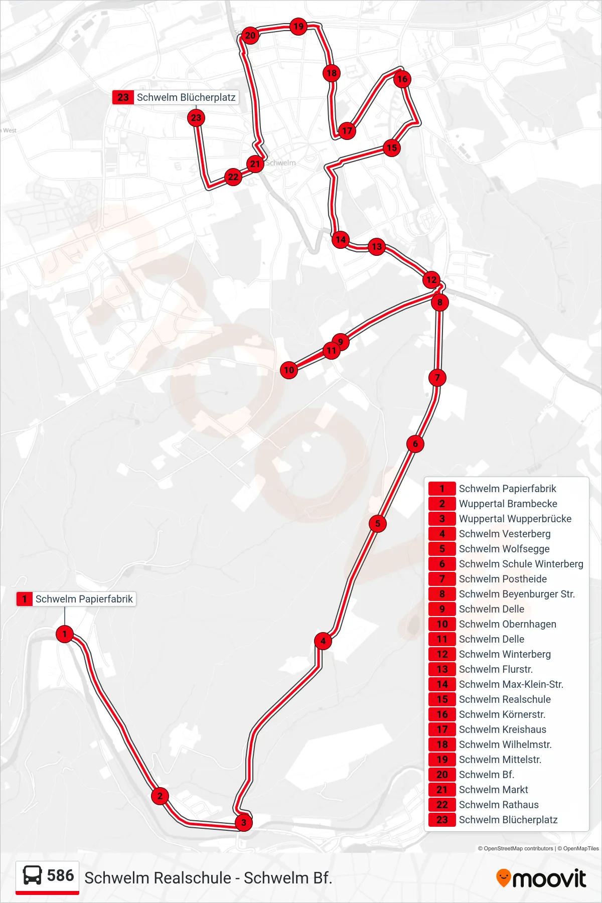 Linie 586 (Bus) Richtung Schwelm Blücherplatz: Route und Haltestellen auf der Karte