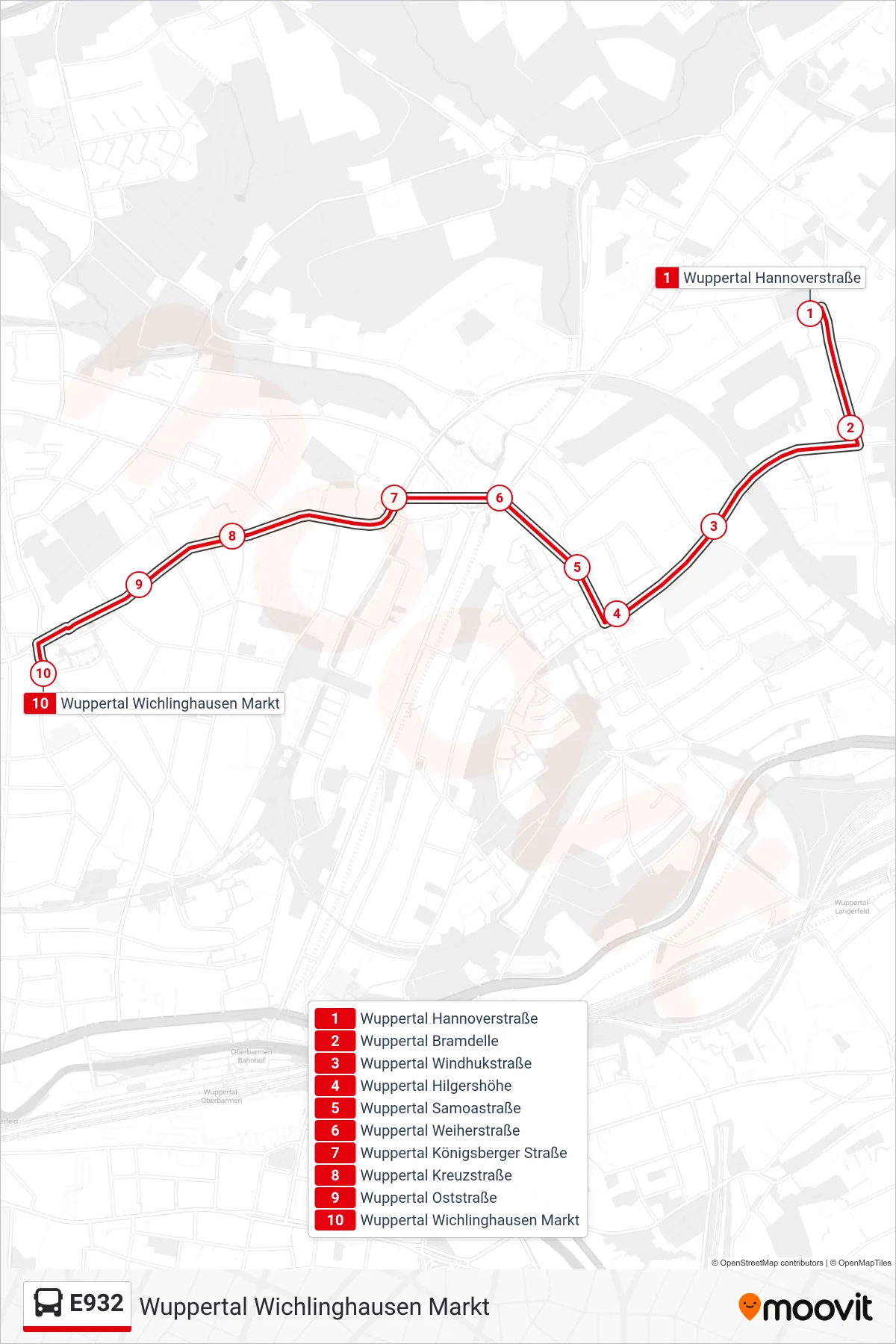 Linie E932 (Bus) Richtung Wuppertal Wichlinghausen Markt: Route und Haltestellen auf der Karte