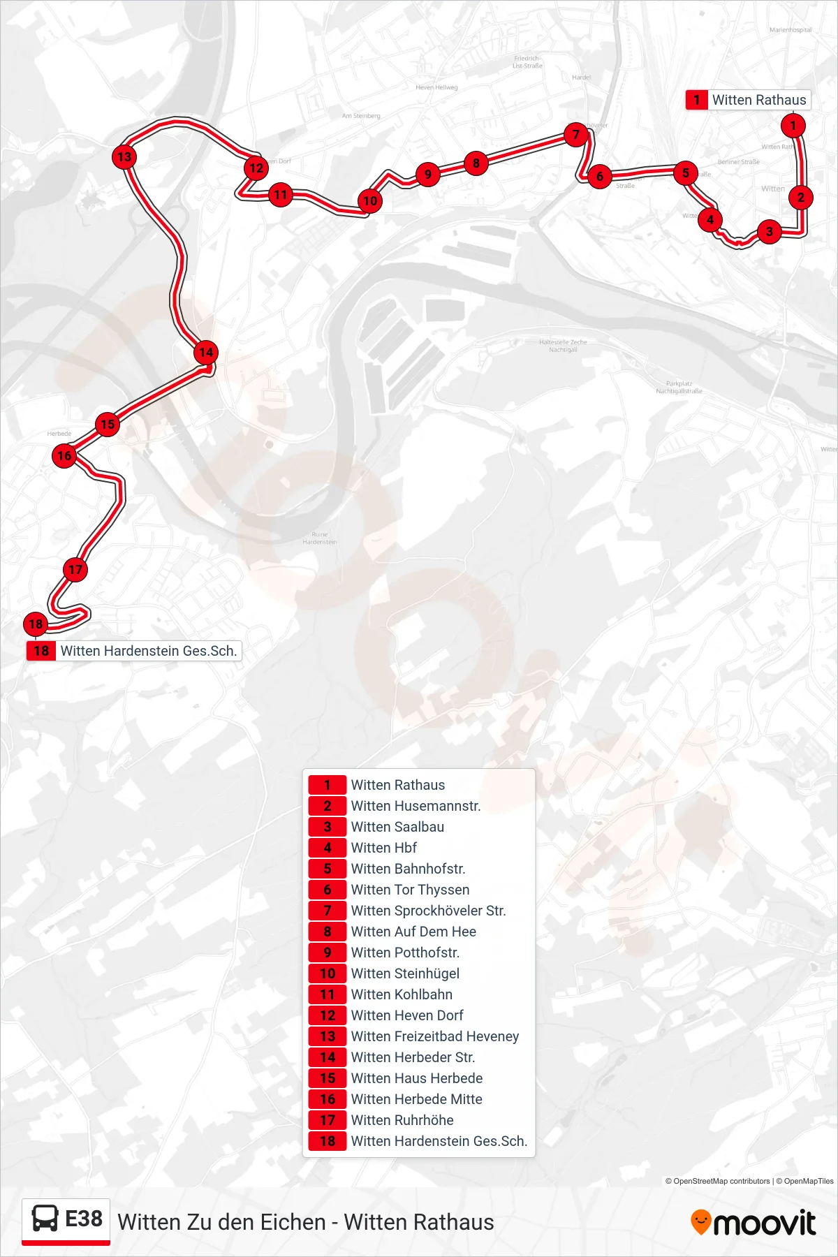 E38 bus Line (Witten Hardenstein Ges.Sch.) route and stops on a map