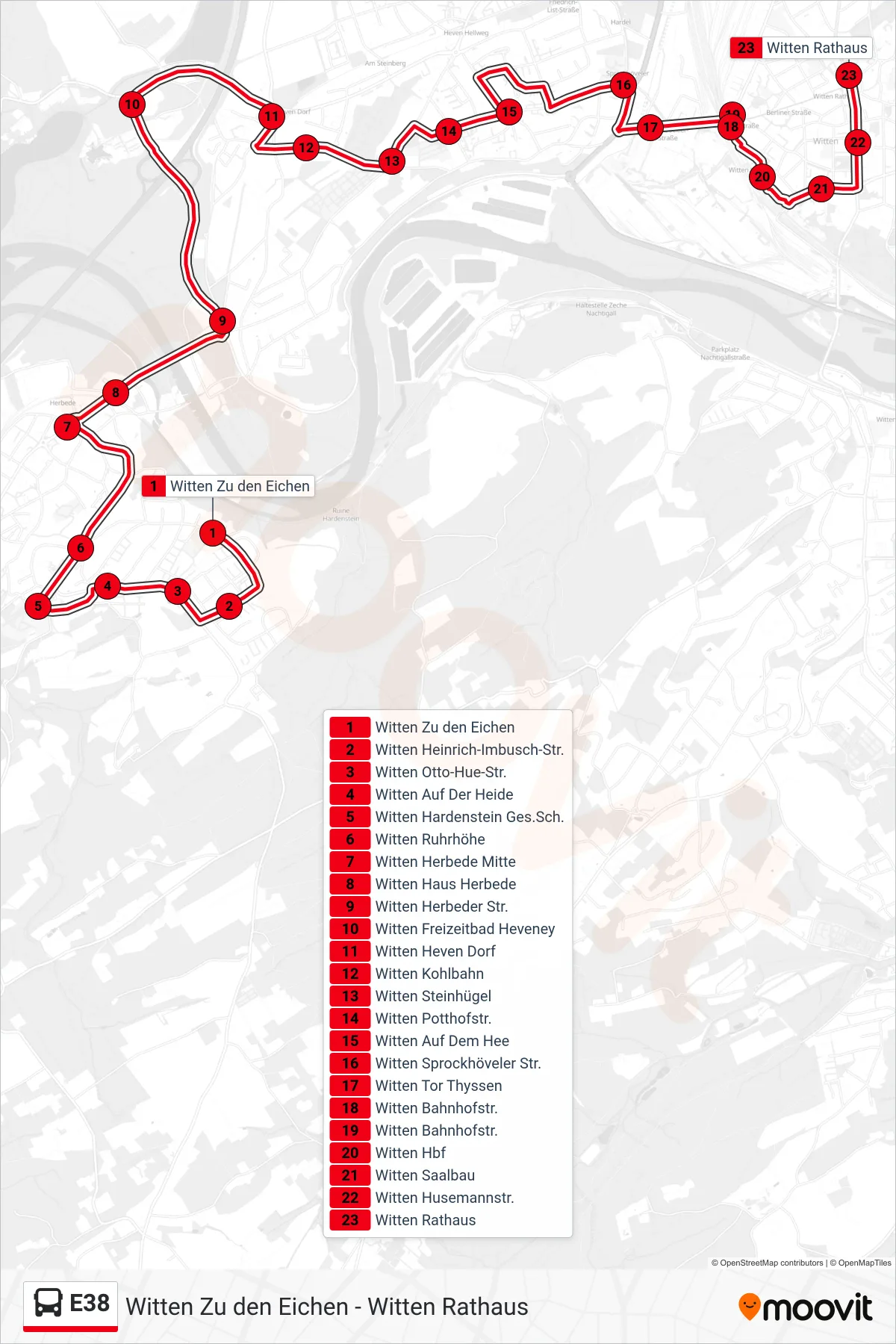 Linie E38 (Bus) Richtung Witten Rathaus: Route und Haltestellen auf der Karte