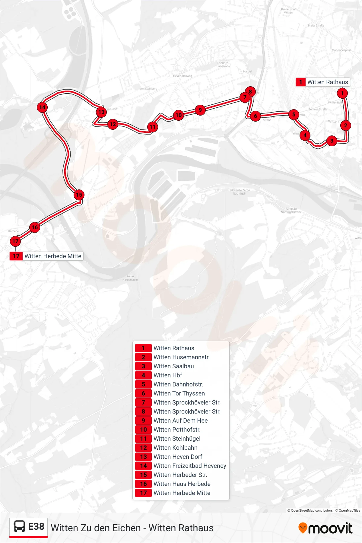 Linie E38 (Bus) Richtung Witten Herbede Mitte: Route und Haltestellen auf der Karte