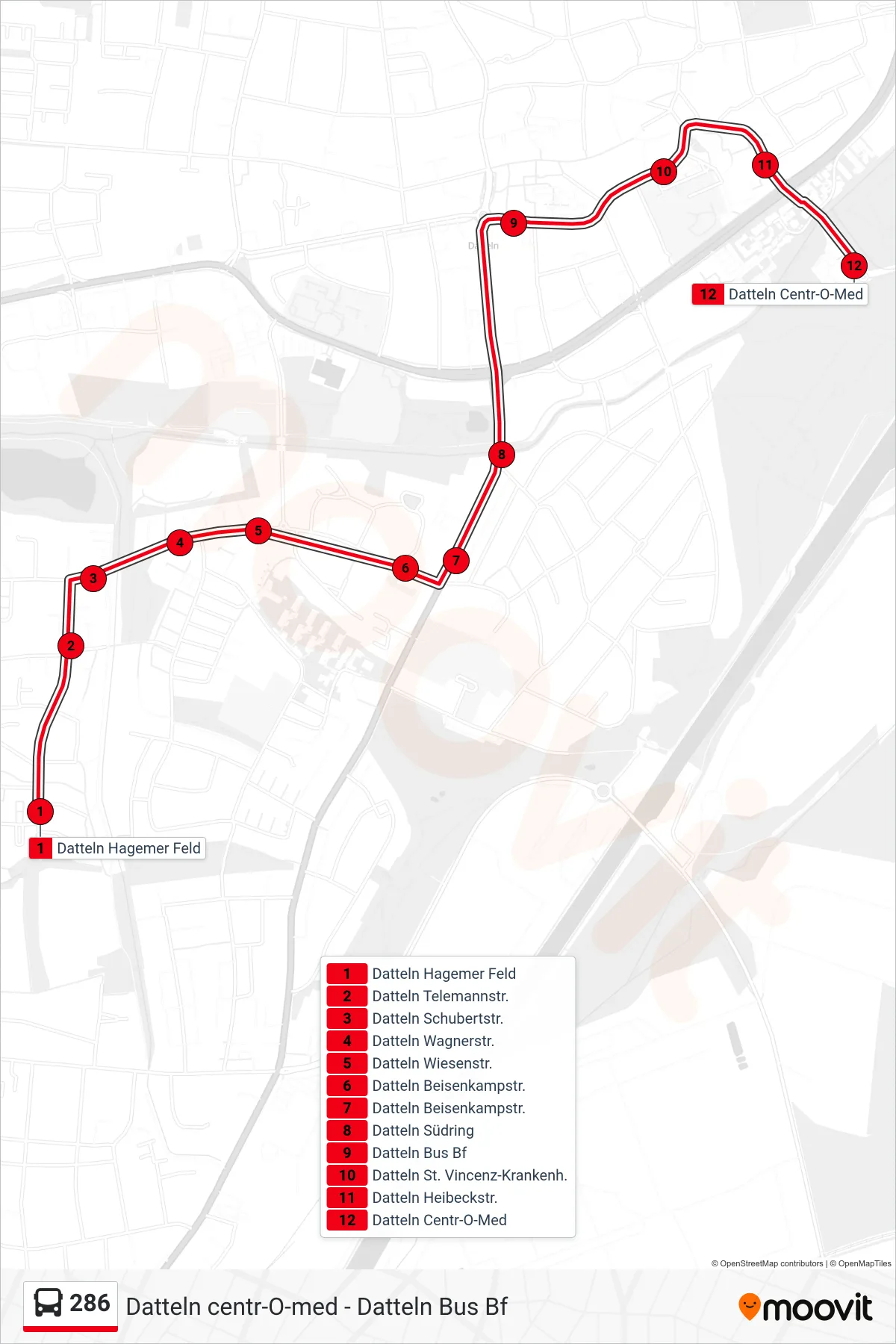 286 bus Line (Datteln Centr-O-Med) route and stops on a map