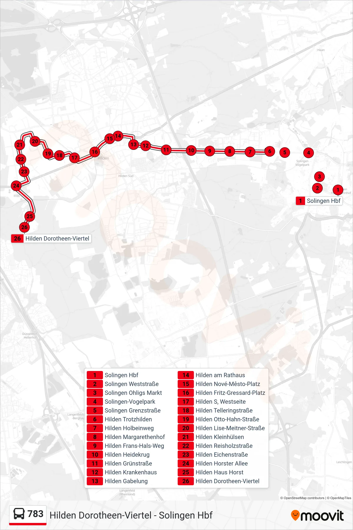 Linie 783 (Bus) Richtung Hilden Dorotheen-Viertel: Route und Haltestellen auf der Karte