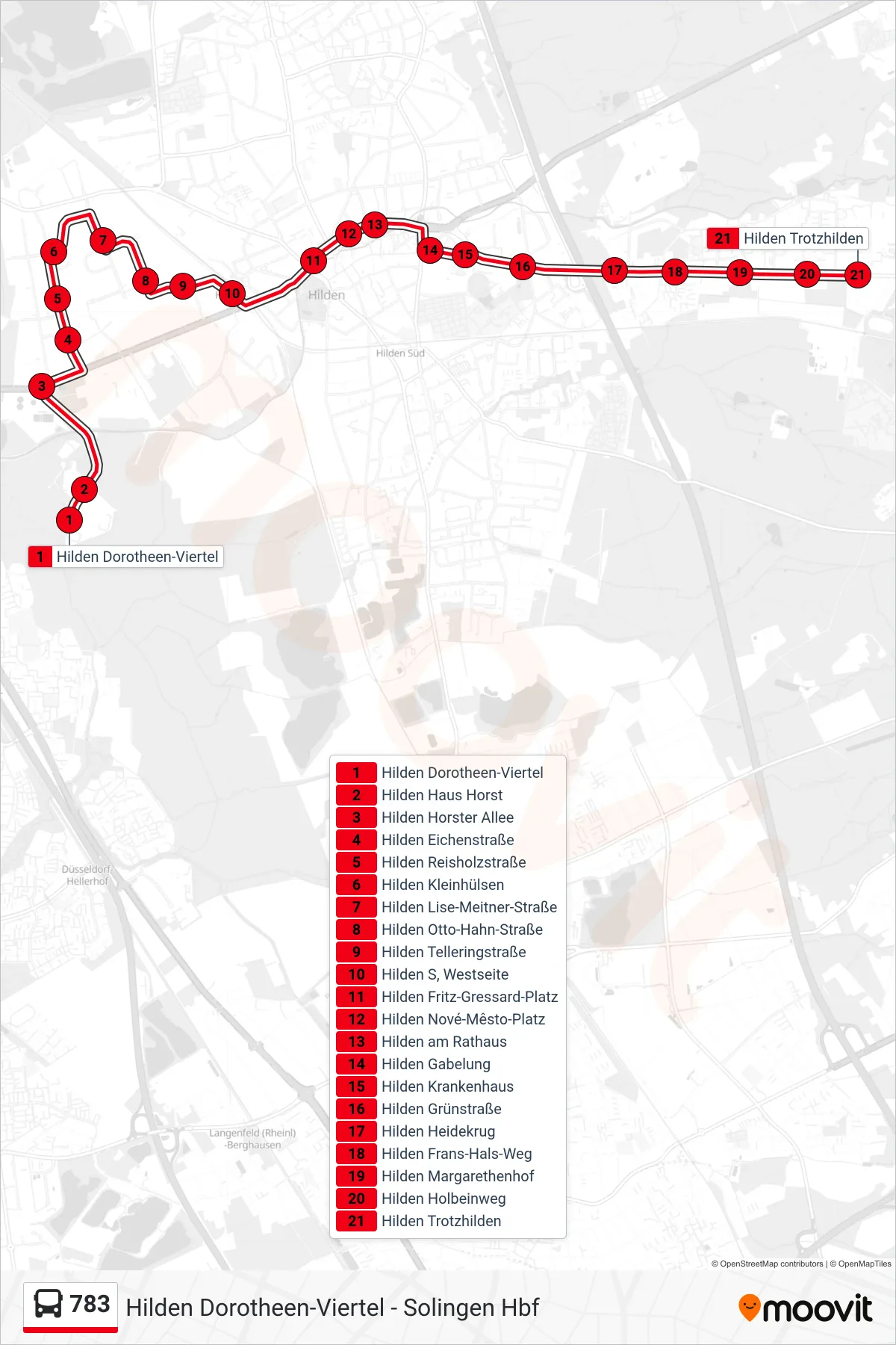 Linie 783 (Bus) Richtung Hilden Trotzhilden: Route und Haltestellen auf der Karte