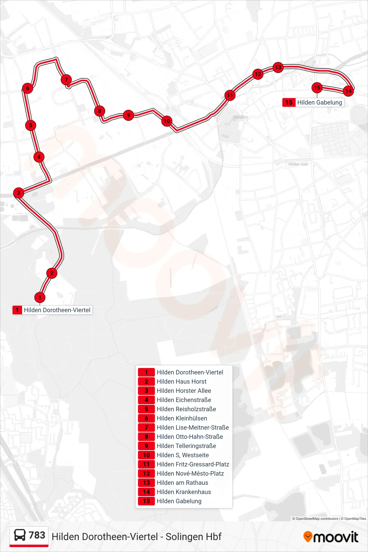 Linie 783 (Bus) Richtung Hilden Gabelung: Route und Haltestellen auf der Karte