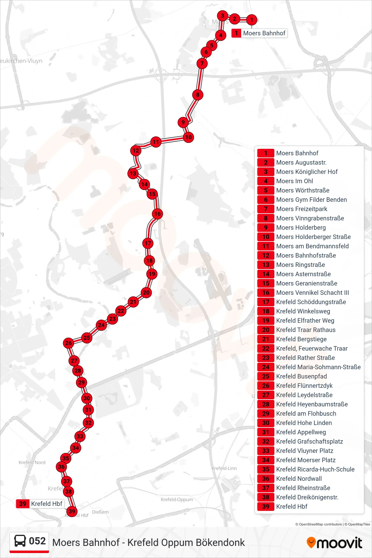 Linie 052 (Bus) Richtung Krefeld Hbf: Route und Haltestellen auf der Karte