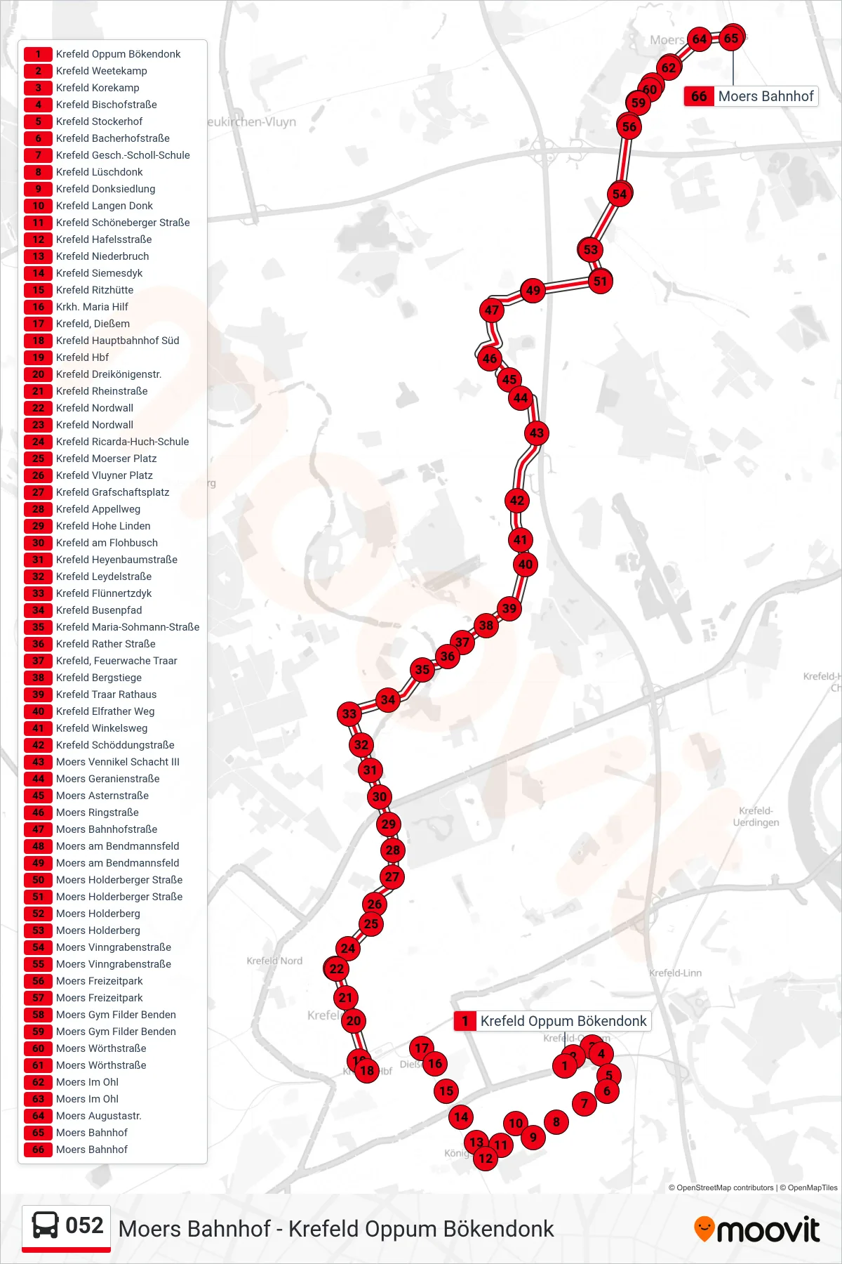 Linie 052 (Bus) Richtung Moers Bahnhof: Route und Haltestellen auf der Karte