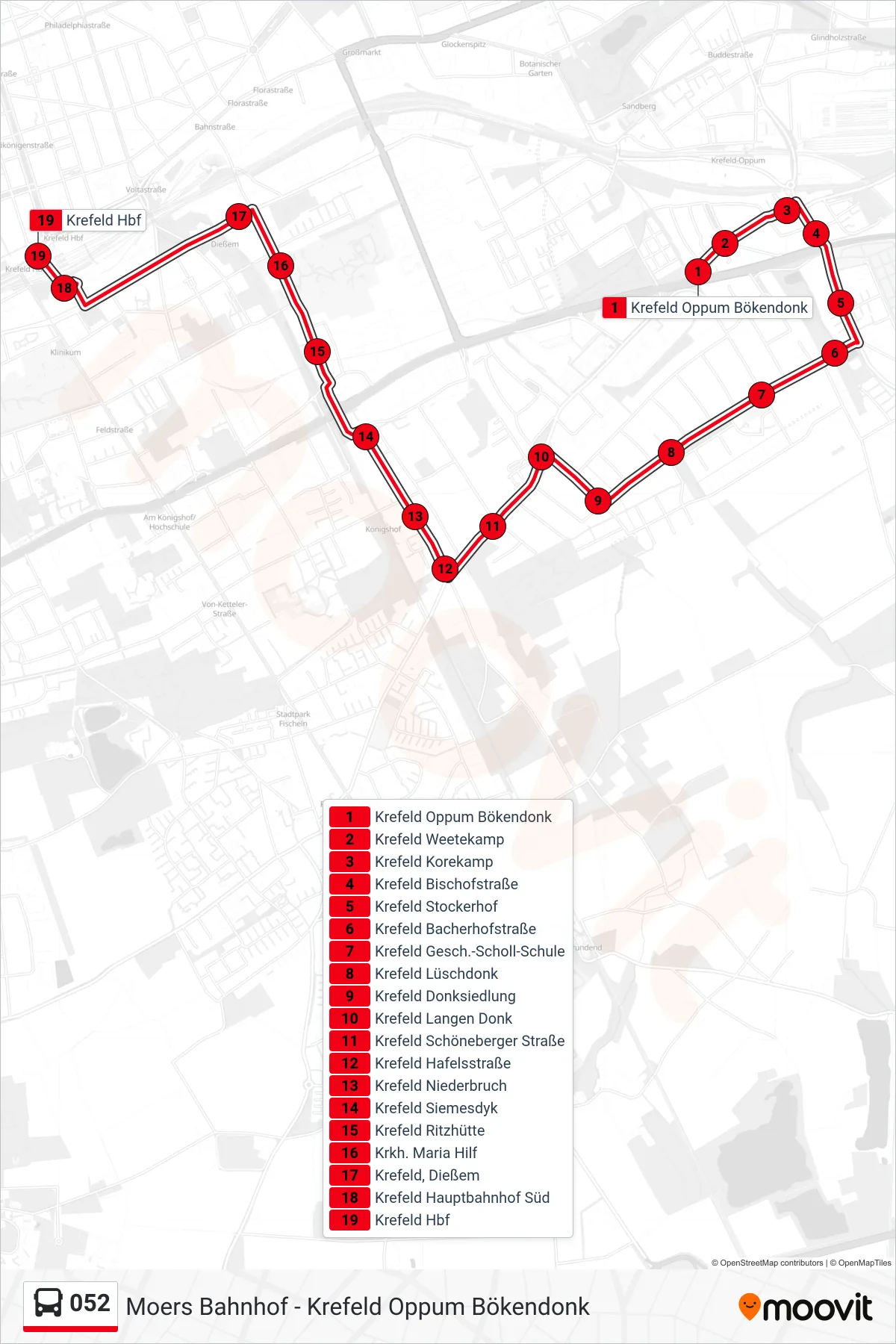 Linie 052 (Bus) Richtung Krefeld Hbf: Route und Haltestellen auf der Karte