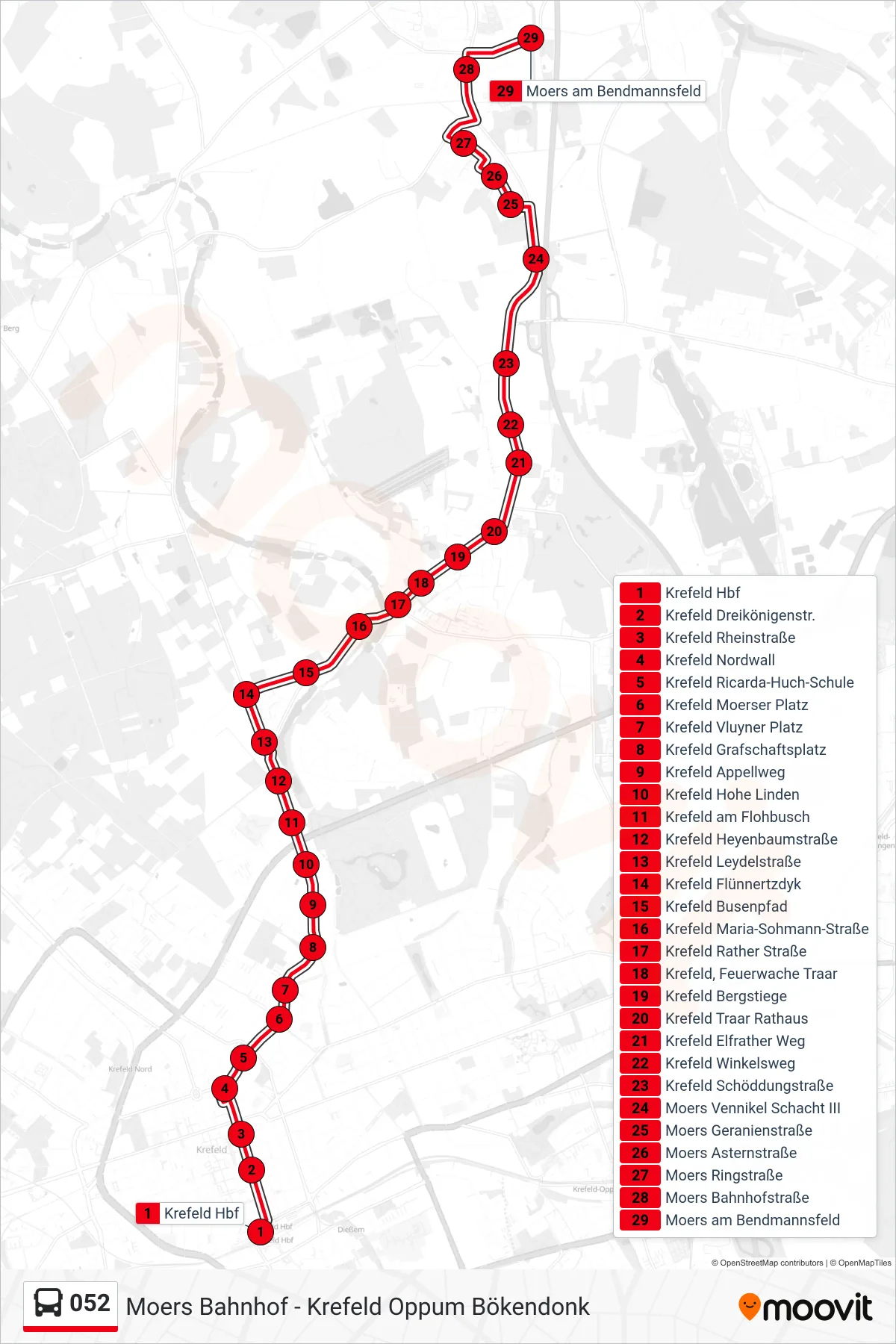 Linie 052 (Bus) Richtung Moers am Bendmannsfeld: Route und Haltestellen auf der Karte