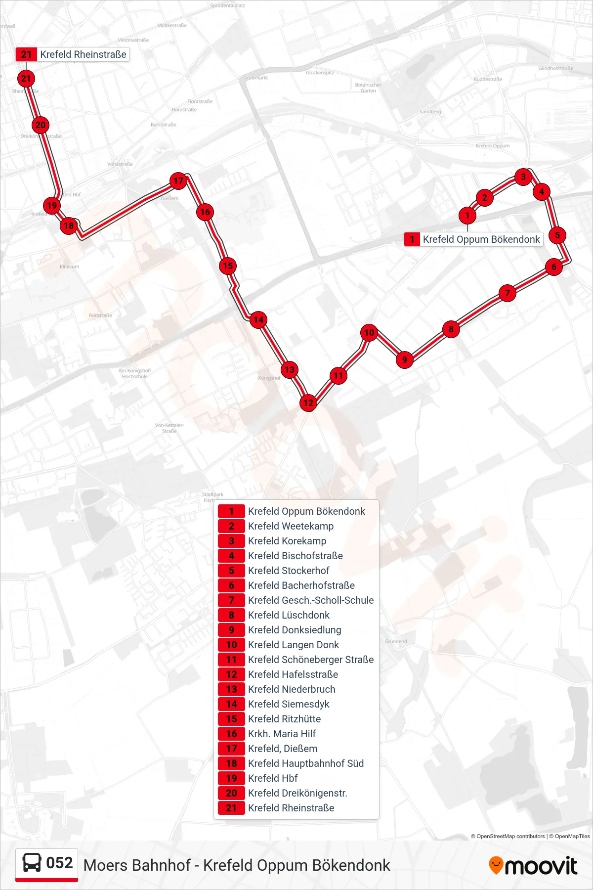 052 bus Line (Krefeld Rheinstraße) route and stops on a map