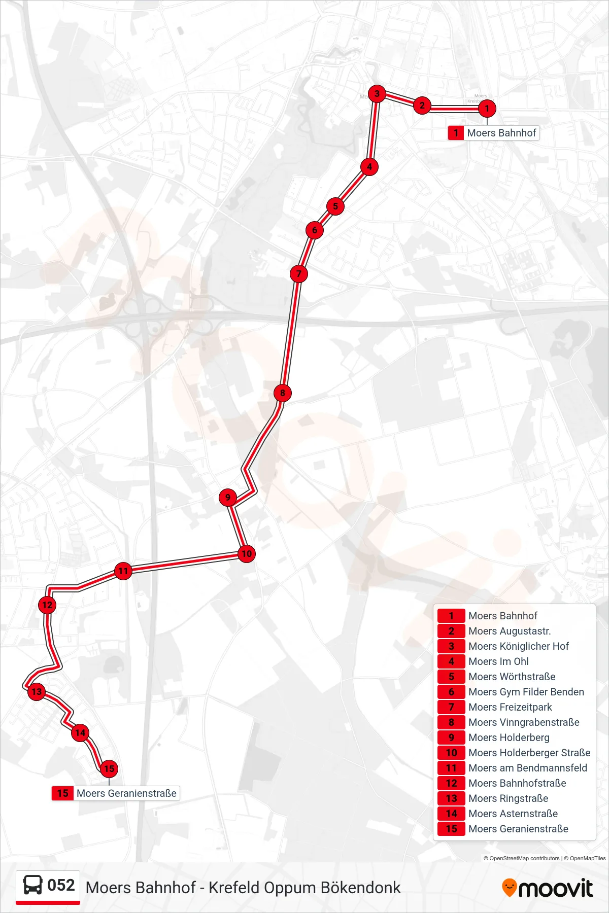 052 bus Line (Moers Geranienstraße) route and stops on a map