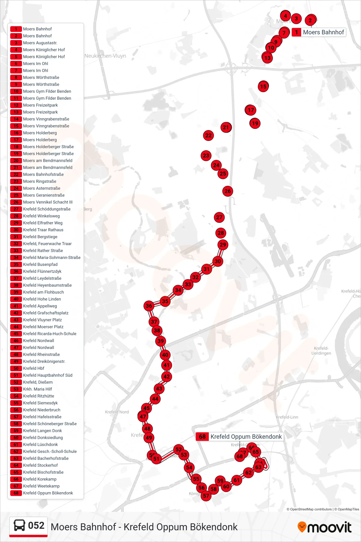 052 bus Line (Krefeld Oppum Bökendonk) route and stops on a map