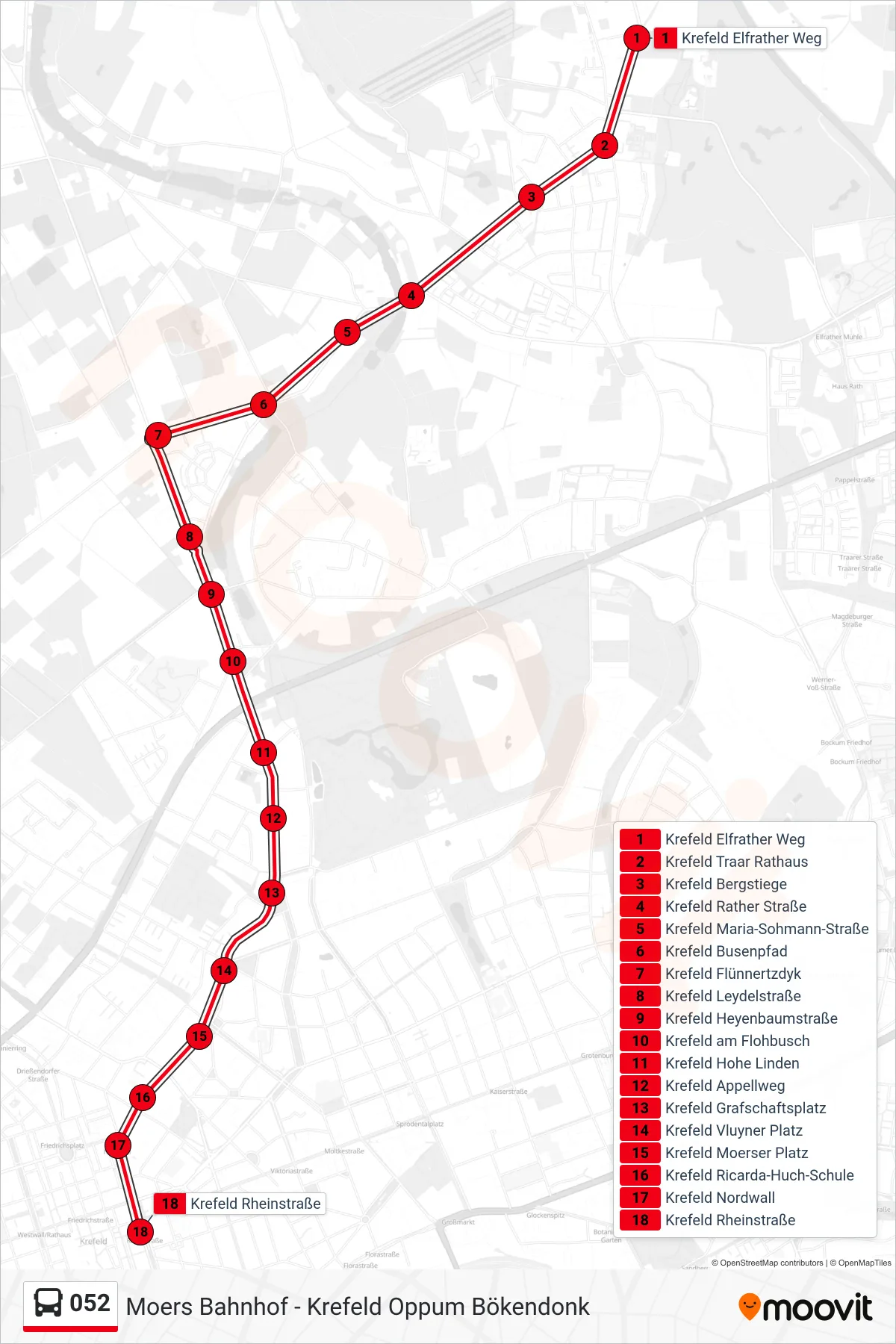 052 bus Line (Krefeld Rheinstraße) route and stops on a map