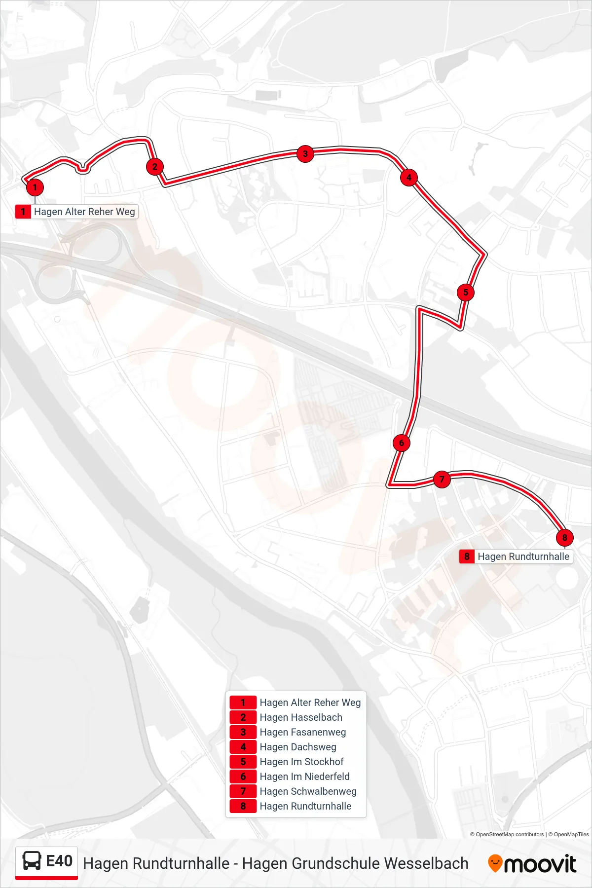 Linie E40 (Bus) Richtung Hagen Rundturnhalle: Route und Haltestellen auf der Karte