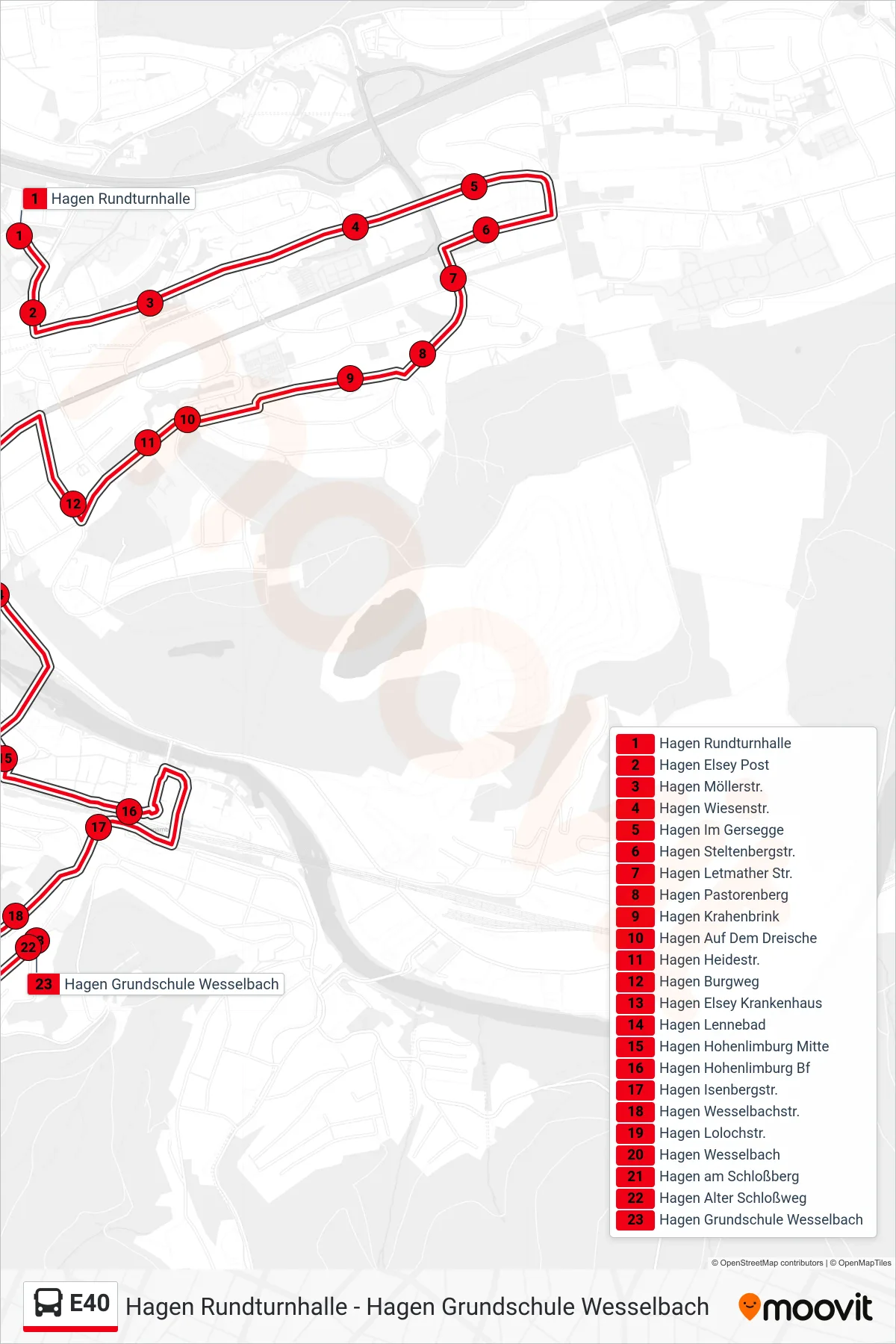 E40 bus Line (Hagen Grundschule Wesselbach) route and stops on a map
