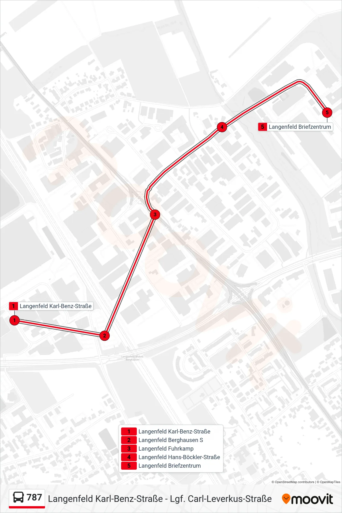 787 bus Line (Langenfeld Briefzentrum) route and stops on a map