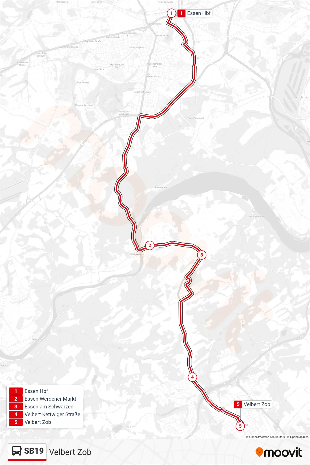 Linie SB19 (Bus) Richtung Velbert Zob: Route und Haltestellen auf der Karte