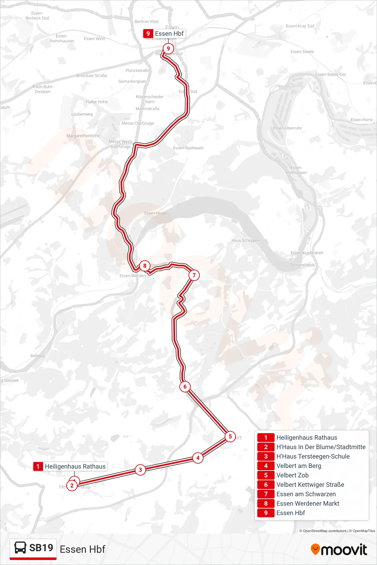 Linie SB19 (Bus) Richtung Essen Hbf: Route und Haltestellen auf der Karte