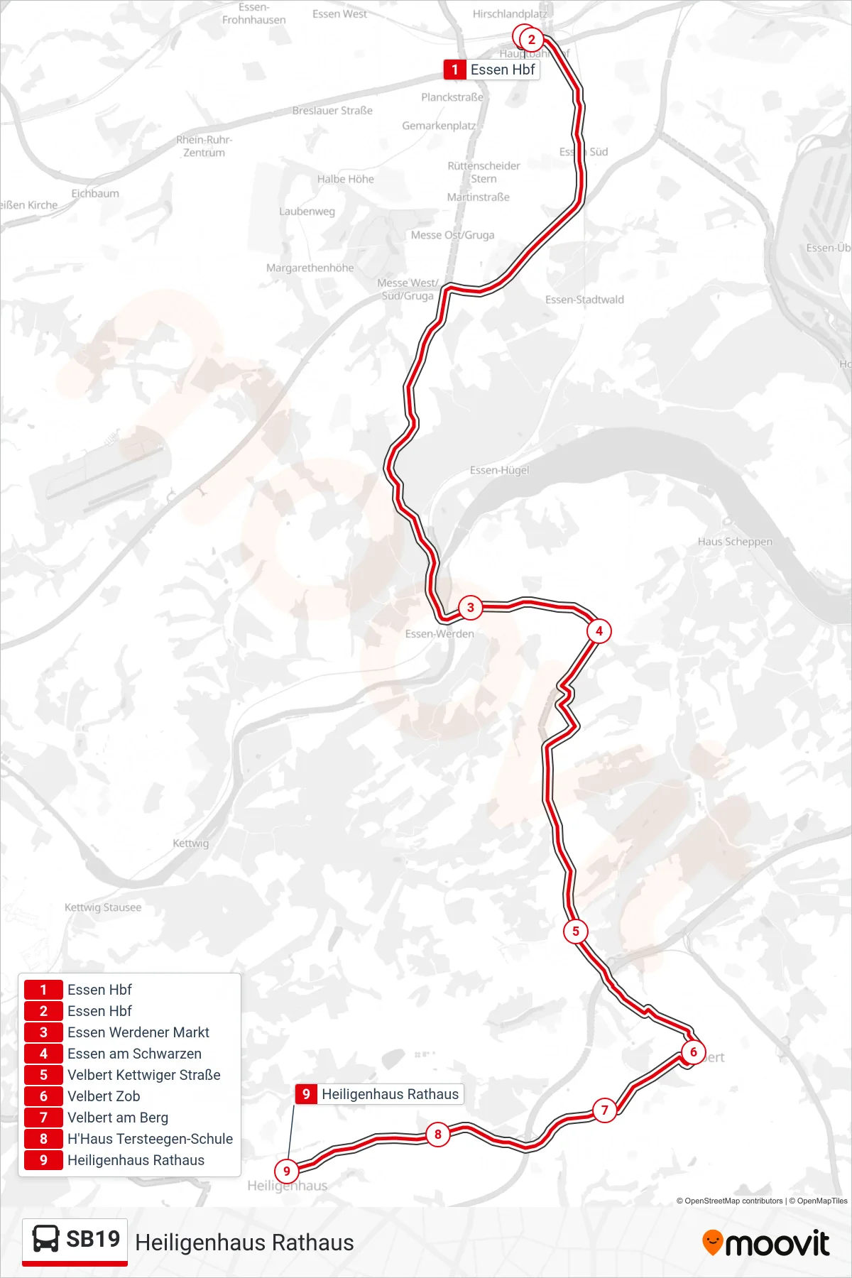 SB19 bus Line (Heiligenhaus Rathaus) route and stops on a map
