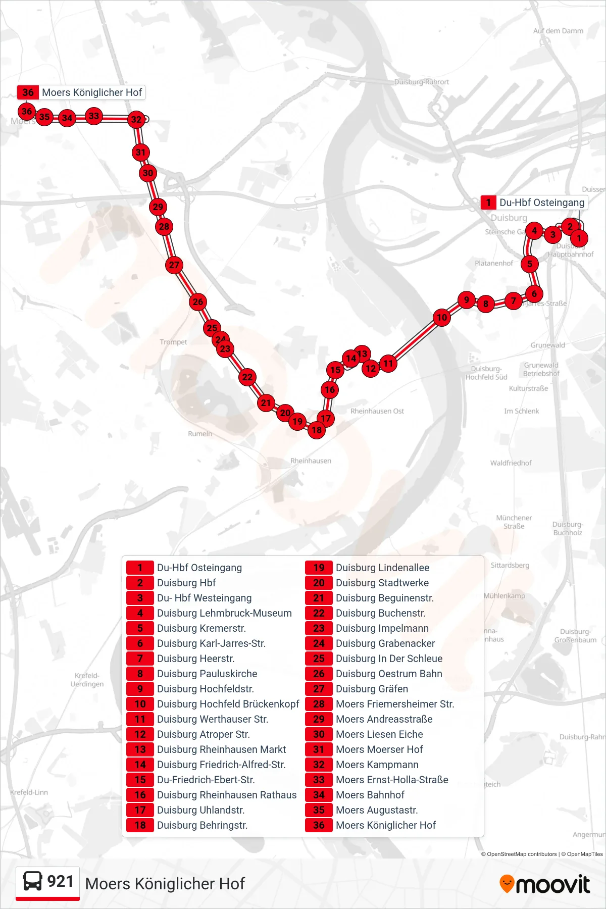 Linie 921 (Bus) Richtung Moers Königlicher Hof: Route und Haltestellen auf der Karte