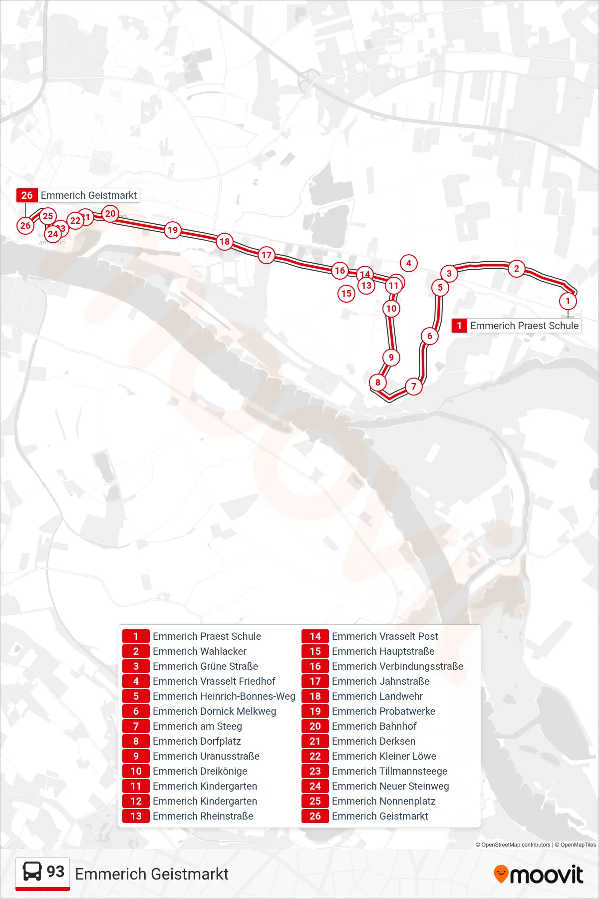 Linie 93 (Bus) Richtung Emmerich Geistmarkt: Route und Haltestellen auf der Karte