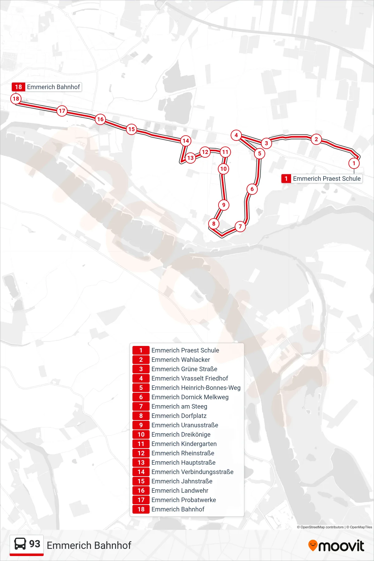 93 bus Line (Emmerich Bahnhof) route and stops on a map