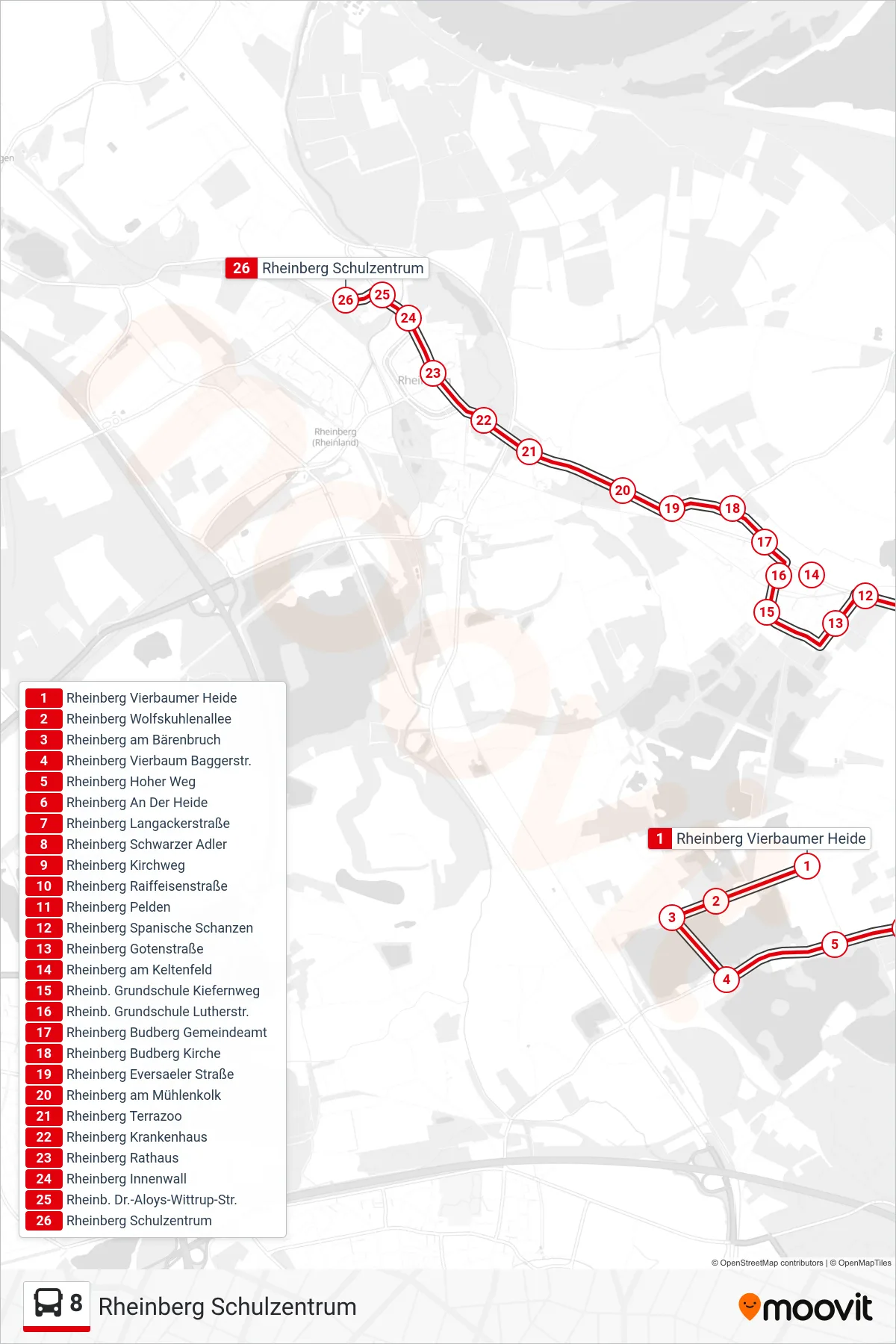 Linie 8 (Bus) Richtung Rheinberg Schulzentrum: Route und Haltestellen auf der Karte