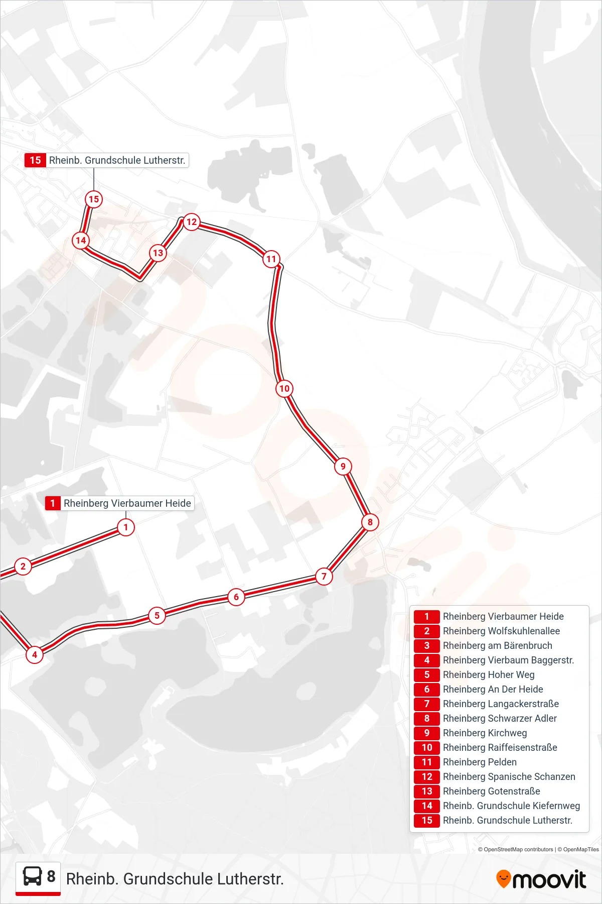 8 bus Line (Rheinb. Grundschule Lutherstr.) route and stops on a map
