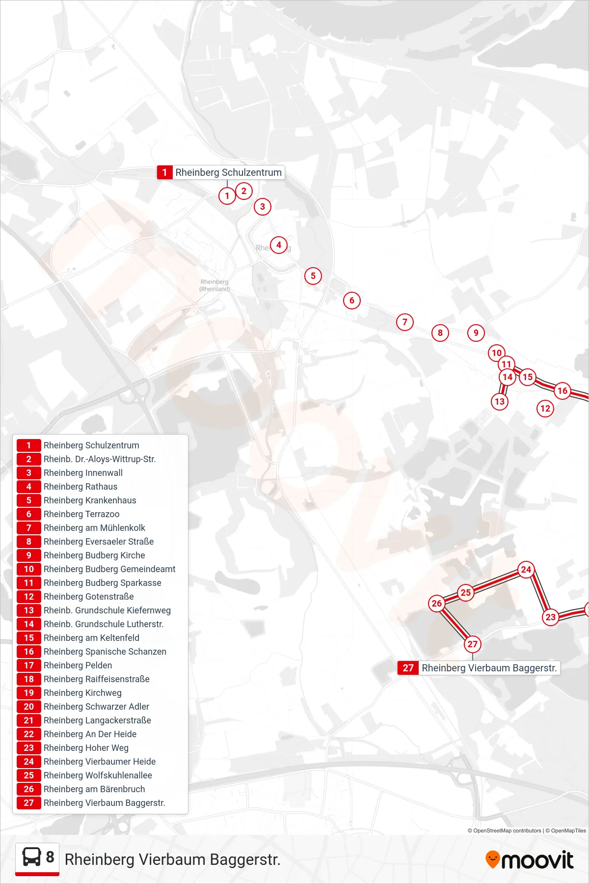 Linie 8 (Bus) Richtung Rheinberg Vierbaum Baggerstr.: Route und Haltestellen auf der Karte