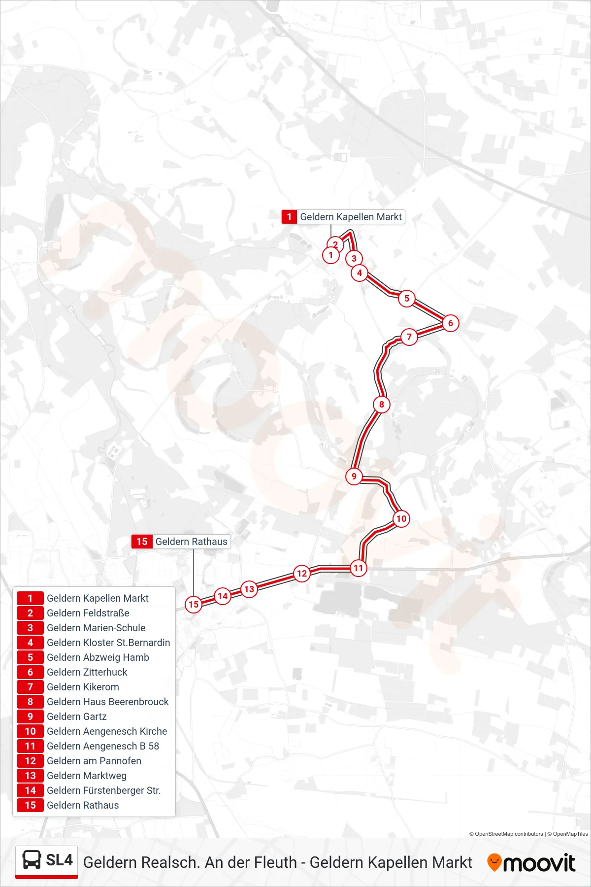 SL4 bus Line (Geldern Rathaus) route and stops on a map