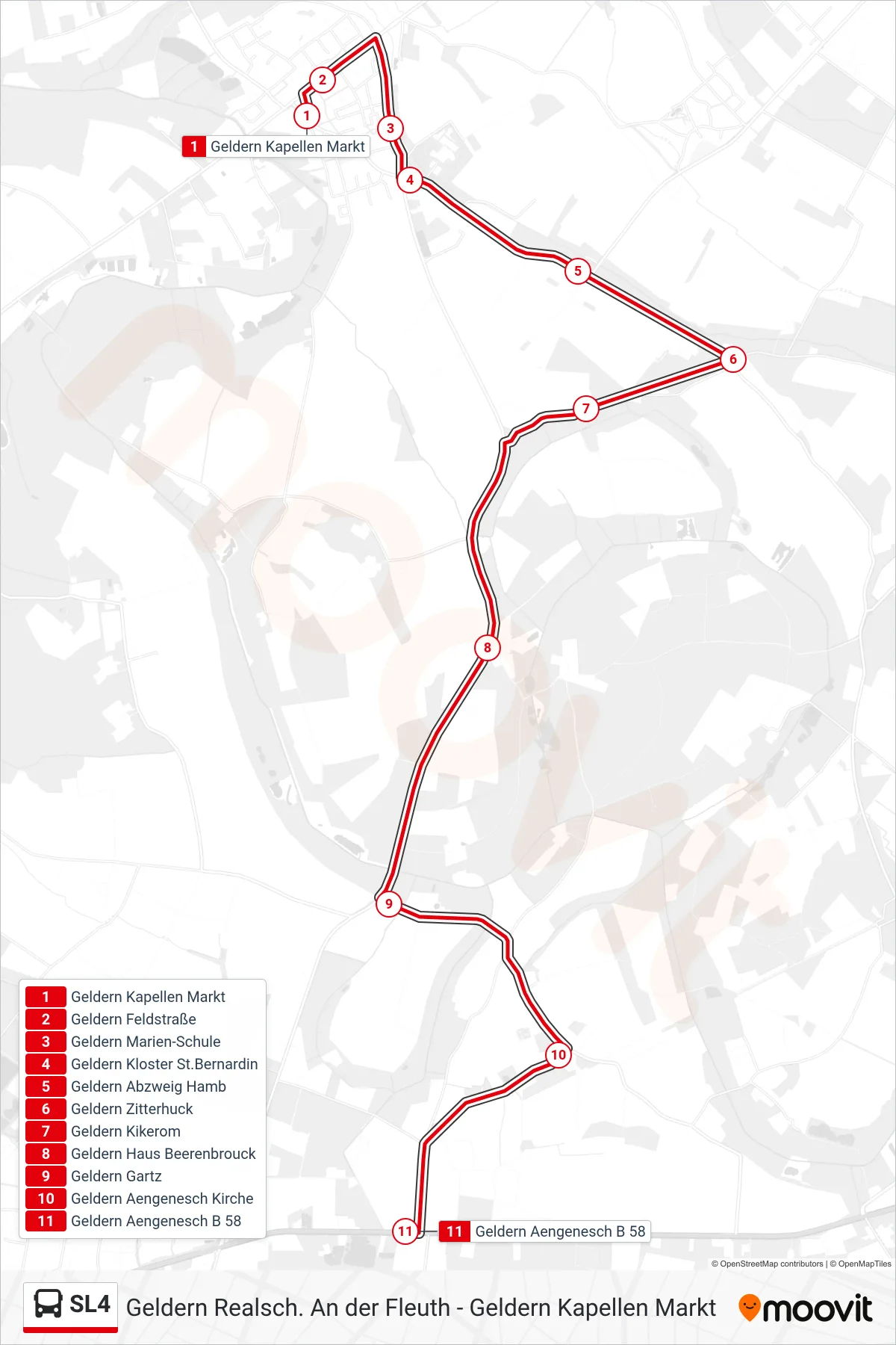 Linie SL4 (Bus) Richtung Geldern Aengenesch B 58: Route und Haltestellen auf der Karte