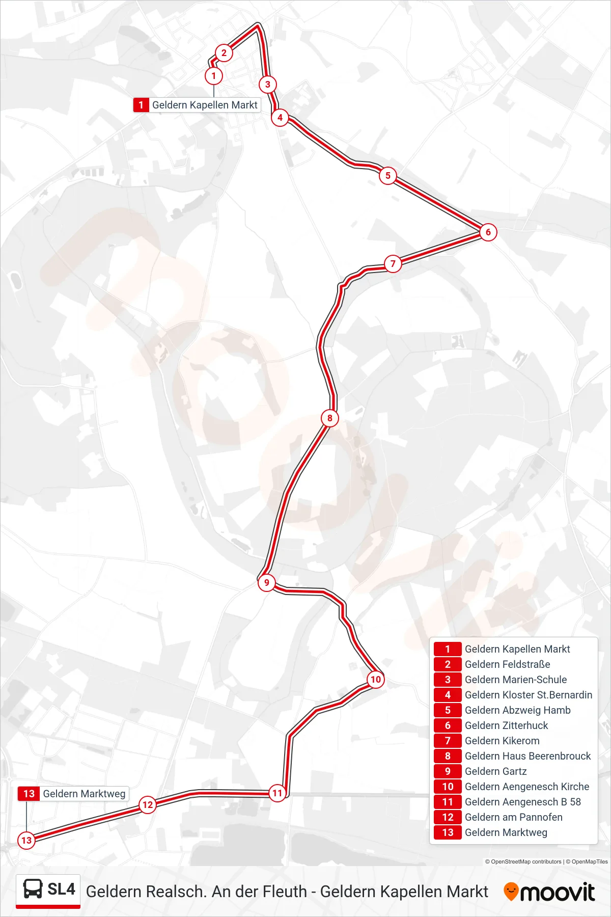 Linie SL4 (Bus) Richtung Geldern Marktweg: Route und Haltestellen auf der Karte