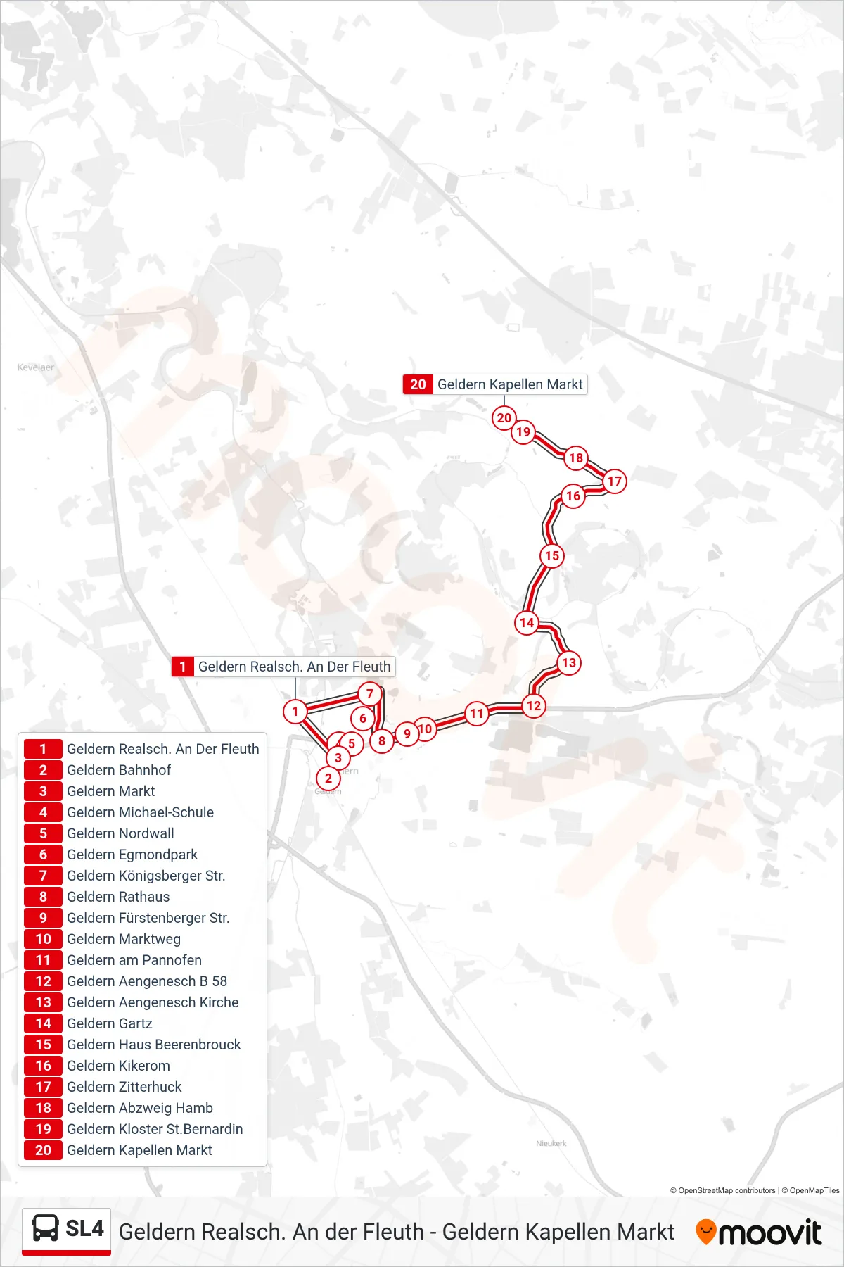 Linie SL4 (Bus) Richtung Geldern Kapellen Markt: Route und Haltestellen auf der Karte