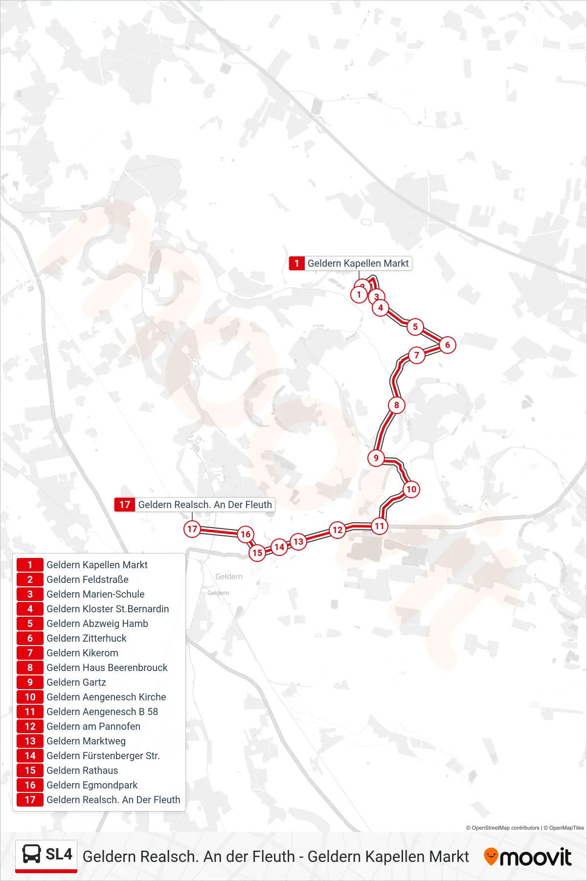 SL4 bus Line (Geldern Realsch. An Der Fleuth) route and stops on a map