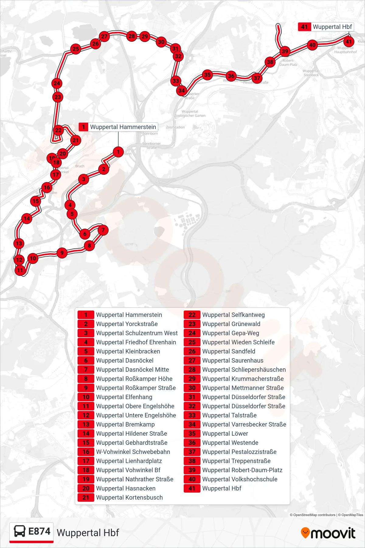Linie E874 (Bus) Richtung Wuppertal Hbf: Route und Haltestellen auf der Karte
