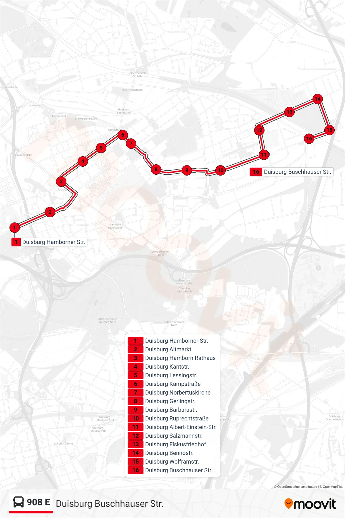 Linie 908 E (Bus) Richtung Duisburg Buschhauser Str.: Route und Haltestellen auf der Karte