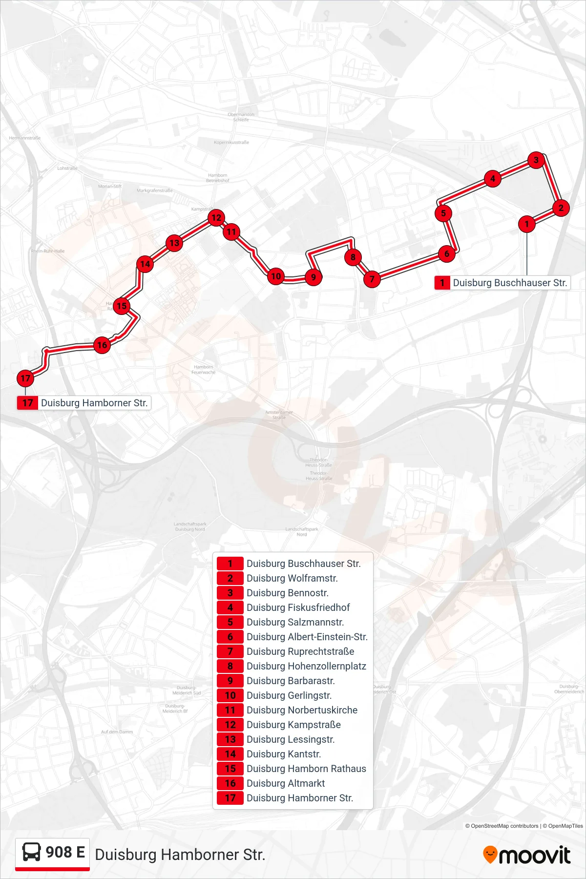 Linie 908 E (Bus) Richtung Duisburg Hamborner Str.: Route und Haltestellen auf der Karte