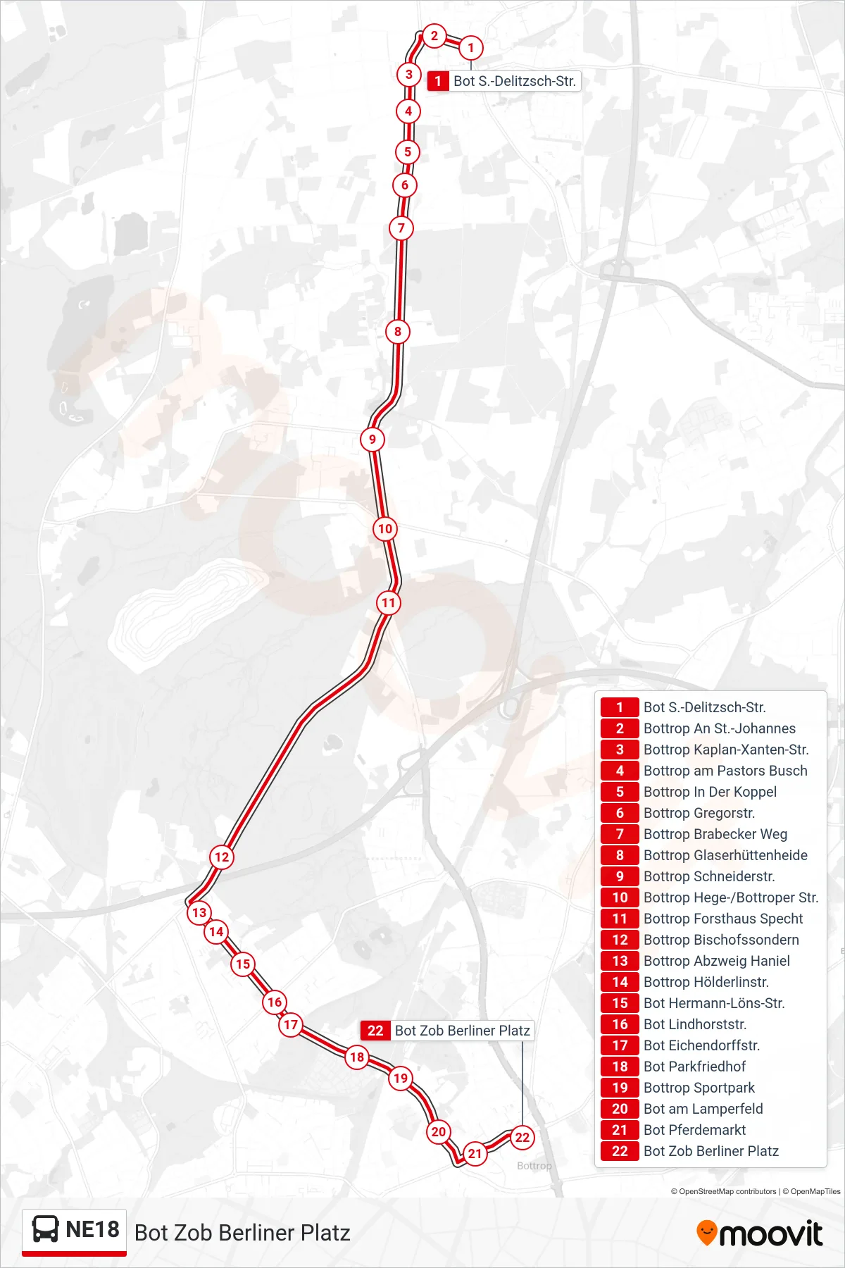 NE18 bus Line (Bot Zob Berliner Platz) route and stops on a map