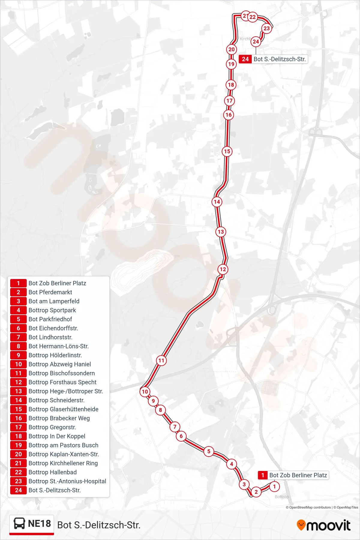 Linie NE18 (Bus) Richtung Bot S.-Delitzsch-Str.: Route und Haltestellen auf der Karte
